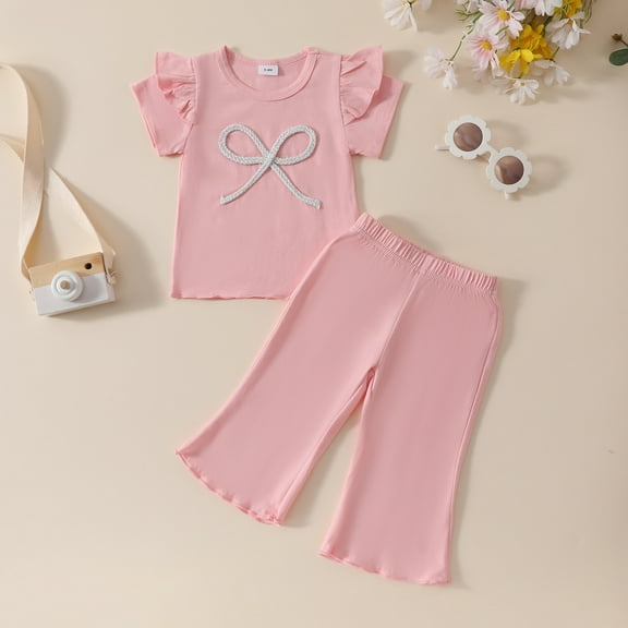 Spazoro Toddler Girls Cute Outfit Sets, Solid Color Summer 2-Pieces Cotton Short Sleeve Shirt and Pants Sets Pink Size 0 Months