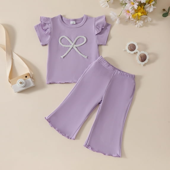 Spazoro Toddler Girls Cute Outfit Sets, Summer 2-Pieces Cotton Solid Color Short Sleeve Shirt and Pants Sets Purple Size 0 Months