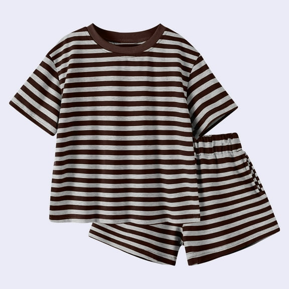 Spazoro Toddler Girls Cute Outfit Sets, Summer 2-Pieces Cotton Striped Short Sleeve Shirt and Shorts Sets Brown Size 7 T