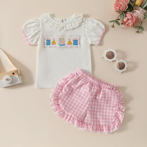 Spazoro Toddler Girls Cute Outfit Sets, Summer 2-Pieces Graphic Print Cotton Short Sleeve Shirt and Shorts Sets Pink Size 12 Months