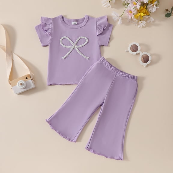 Spazoro Toddler Girls Cute Outfit Sets, Summer Cotton 2-Pieces Solid Color Short Sleeve Shirt and Pants Sets Purple Size 12 Months