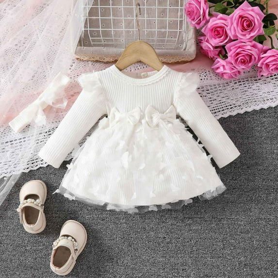 Spazoro Toddler Girls Dress, Cotton Fashion Long Sleeve Solid Color Fall Winter Dresses for Childs Girls White Size 12 Months