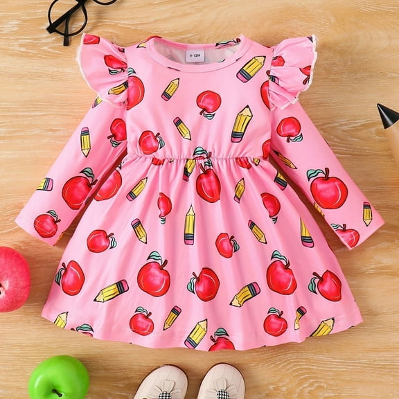 Spazoro Toddler Girls Dress, Fall Winter Fashion Long Sleeve Printed Dresses for Childs Girls Hot Pink Size 80