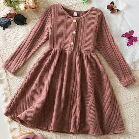 Spazoro Toddler Girls Dress, Fashion Fall Winter Long Sleeve Solid Color Cotton Princess Dresses for Childs Girls Brown Size 6 T