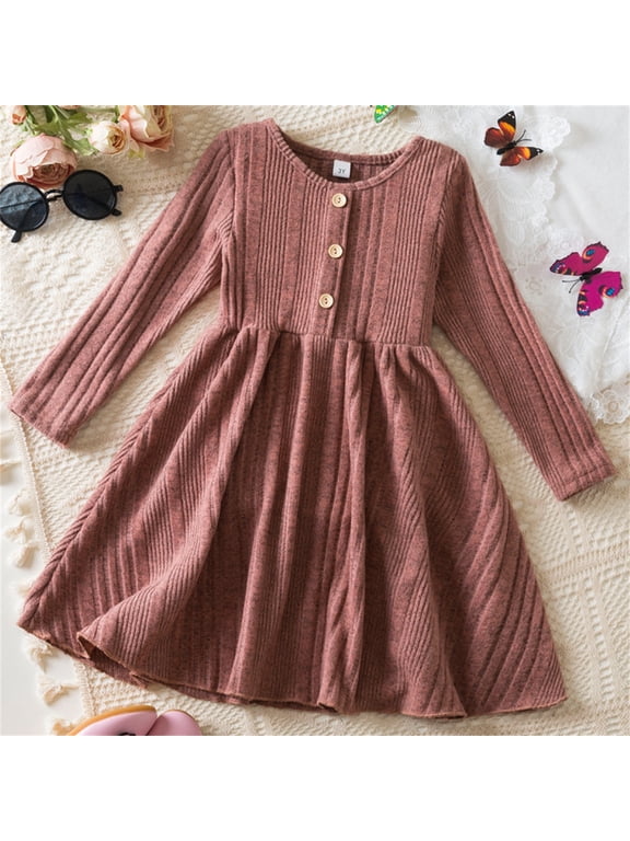 Toddler Girls Dress, Fashion Fall Winter Long Sleeve Solid Color Cotton Princess Dresses for Childs Girls Brown Size 6 T