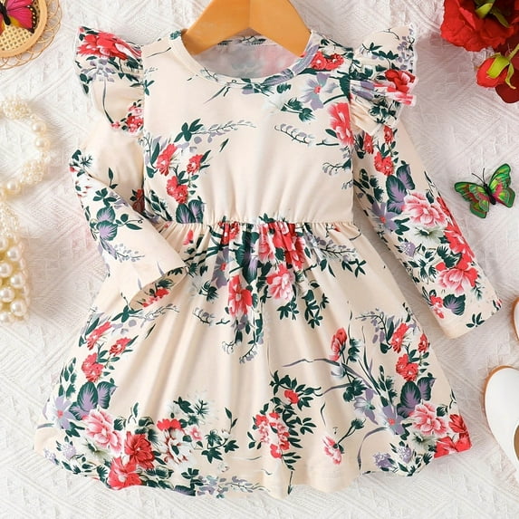 Spazoro Toddler Girls Dress, Fashion Printed Fall Winter Long Sleeve Dresses for Childs Girls Khaki Size 4-5T