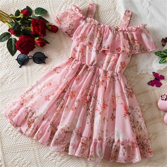 Spazoro Toddler Girls Dresses, Floral Print Round Neck Short Sleeve New Style Princess Dress for Child Girls Pink Size 1 T