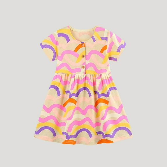 Spazoro Toddler Girls Dresses, Rainbow Print New Style Round Neck Short Sleeve Princess Dress for Child Girls Yellow Size 7 T