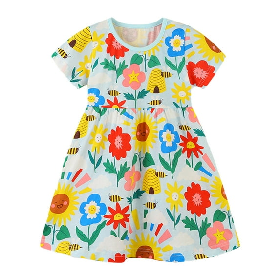 Spazoro Toddler Girls Dresses, Round Neck Fashion Short Sleeve Floral Print Princess Dress for Child Girls Red Size 2-3T