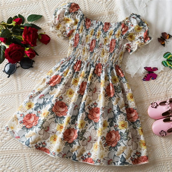 Spazoro Toddler Girls Dresses, Round Neck Puff Sleeve New Style Floral Print Princess Dress for Child Girls Orange Size 4 T