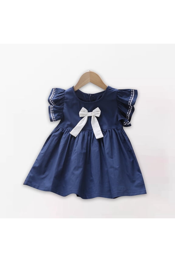 Toddler Girls Dresses, Short Sleeve New Style Solid Color Butterfly Round Neck Princess Dress for Child Girls Navy Size 4 T