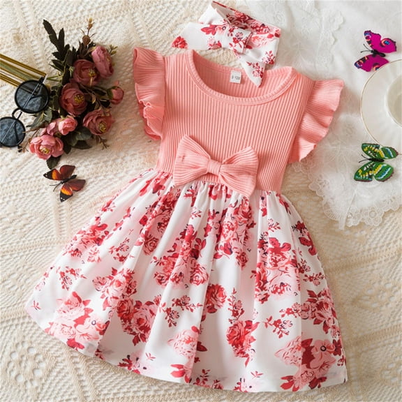 Spazoro Toddler Girls Dresses, Short Sleeve Round Neck New Style Butterfly Print Princess Dress for Child Girls Pink Size 9 Months