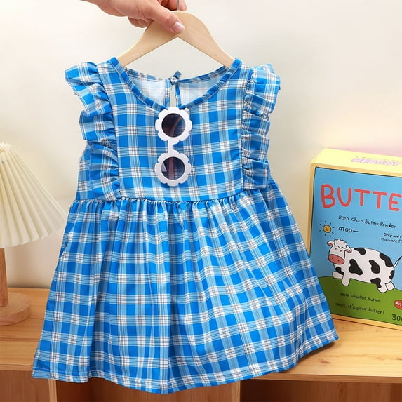 Spazoro Toddler Girls Dresses, Short Sleeve Round Neck Plaid Fashion Princess Dress for Child Girls Sky Blue Size 9 T