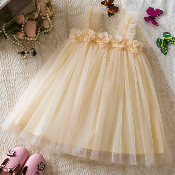 Spazoro Toddler Girls Dresses, Solid Color New Style Round Neck Short Sleeve Princess Dress for Child Girls Beige Size 1 T