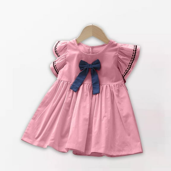 Spazoro Toddler Girls Dresses, Solid Color Butterfly Short Sleeve New Style Round Neck Princess Dress for Child Girls Pink Size 4 T