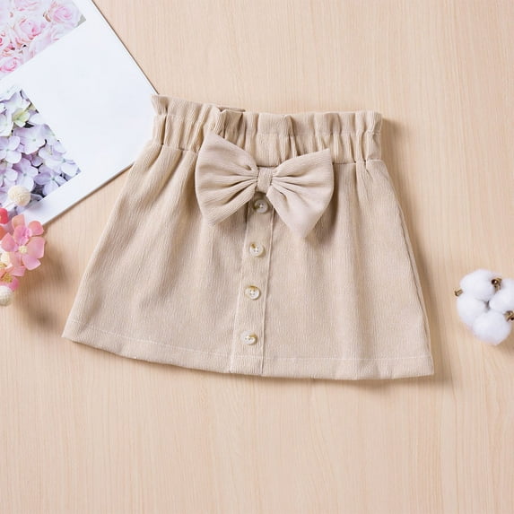 Spazoro Toddler Girls Elastic Waist Skirts, Corduroy Solid Bow Knot Breathable A-Line Skirts for Child Girls Khaki Size 3-4 T