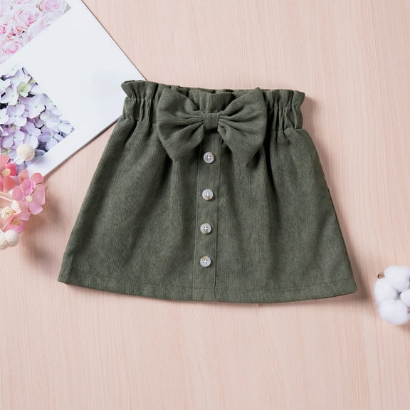 Spazoro Toddler Girls Elastic Waist Skirts, Solid Corduroy Breathable Bow Knot A-Line Skirts for Child Girls Green Size 3-4 T
