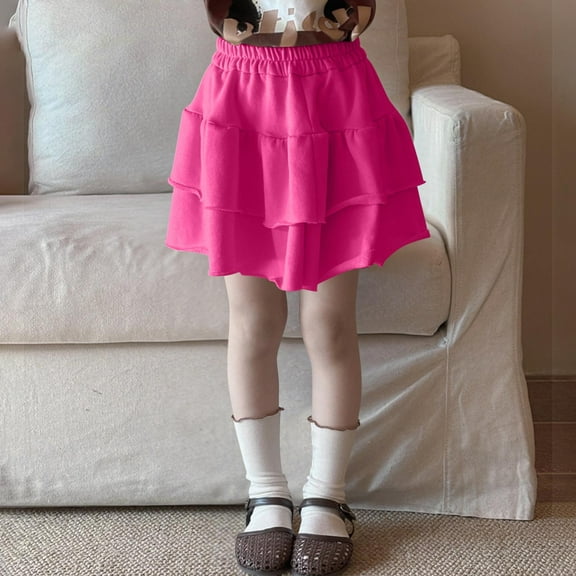 Spazoro Toddler Girls Elastic Waist Skirts, Tiered Skirt Breathable Summer Solid A-Line Skirts for Child Girls Hot Pink Size 3 T