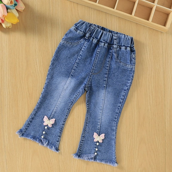 Spazoro Toddler Girls Flare Jeans, Elastic Waist Fashion with Pockets Baggy Wide Leg Denim Pants Hot Pink Size 1-6