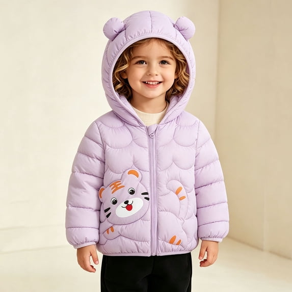 Spazoro Toddler Girls Hooded Puffer Jacket, Long Sleeve Zip Up Lightweight Animal Print Soft Warm Winter Outerwear for Little Girls Purple Size 3-4T