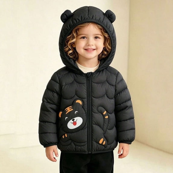 Spazoro Toddler Girls Hooded Puffer Jacket, Zip Up Animal Print Long Sleeve Soft Lightweight Warm Winter Outerwear for Little Girls Black Size 5-6