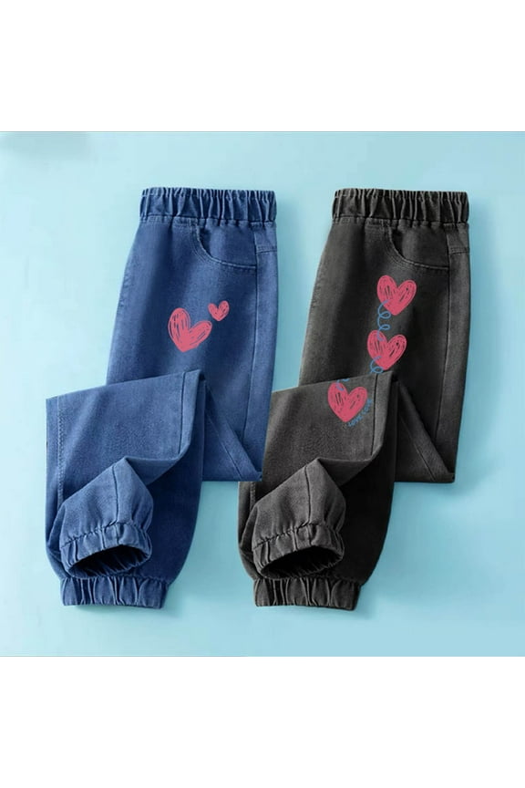 Toddler Girls Jeans, Baggy with Pockets Straight Leg Elastic Waist 2PC Cute Print Denim Pants Blue Size 3-12