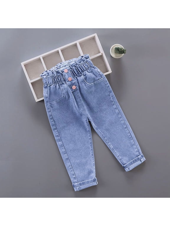 Toddler Girls Jeans, Casual with Pockets Cute Print Elastic Waist Straight Leg Denim Pants Blue Size 2-6