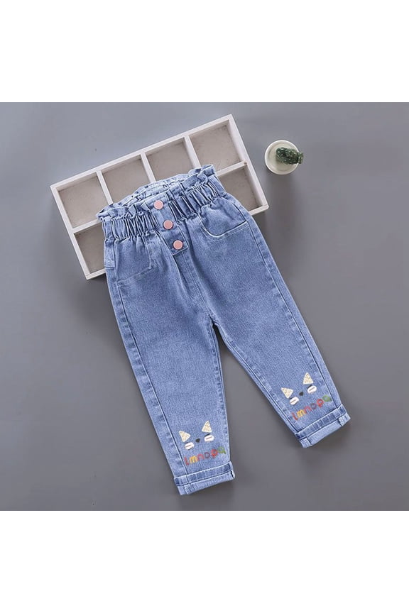 Toddler Girls Jeans, Casual with Pockets Straight Leg Cute Print Elastic Waist Denim Pants Blue Size 2-6