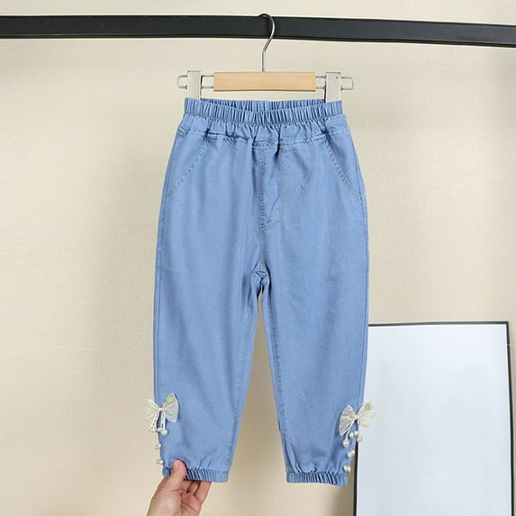 Spazoro Toddler Girls Jeans, Straight Leg Elastic Waist with Pockets Fashion Baggy Denim Pants Light Blue Size 1-6