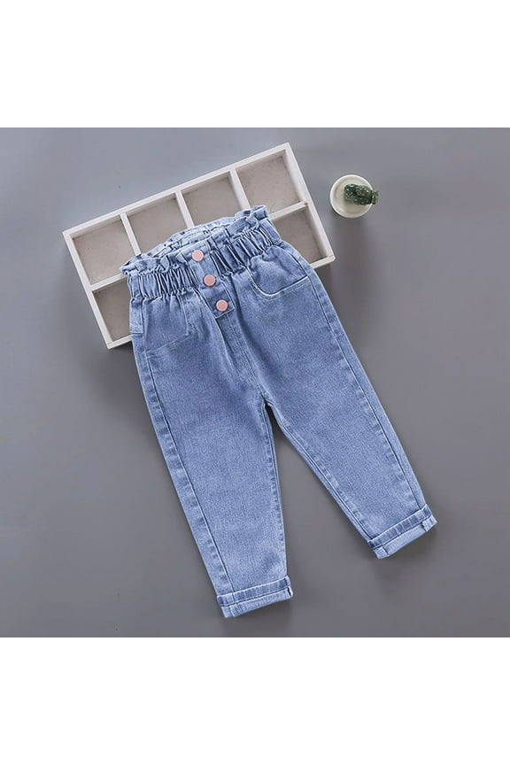 Toddler Girls Jeans, with Pockets Elastic Waist Cute Print Straight Leg Casual Denim Pants Blue Size 2-6