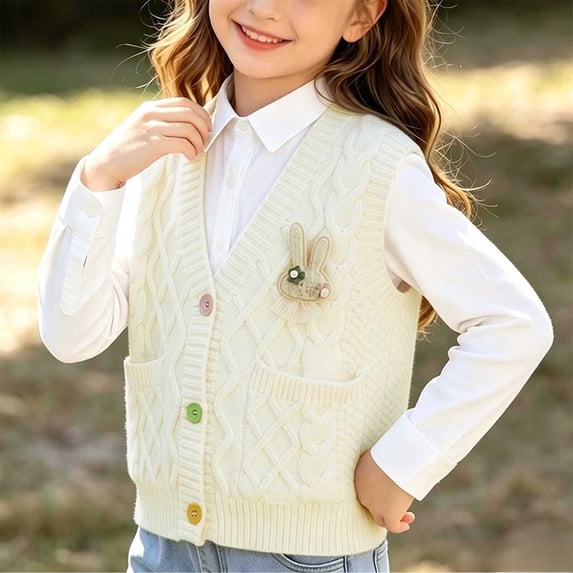 Spazoro Toddler Girls Knit Vest with Pockets, V‑Neck Soft Knitting Cotton Cable Knit Sleeveless Button Front Layering Waistcoat Beige Size 5-6