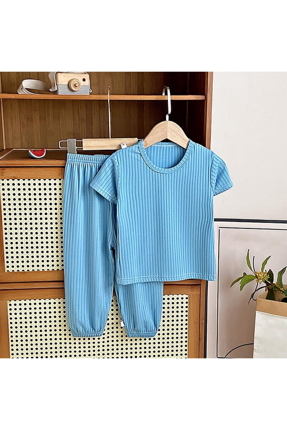 Toddler Girls Leisure Outfit Sets, Ice Silk Solid Color Summer 2-Pieces Short Sleeve Shirt and Pants Sets Blue Size 2-3T