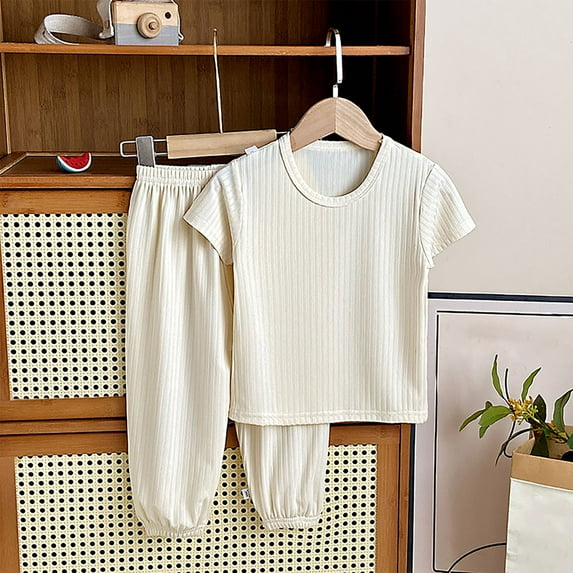 Spazoro Toddler Girls Leisure Outfit Sets, Ice Silk Summer 2-Pieces Solid Color Short Sleeve Shirt and Pants Sets White Size 7-8T