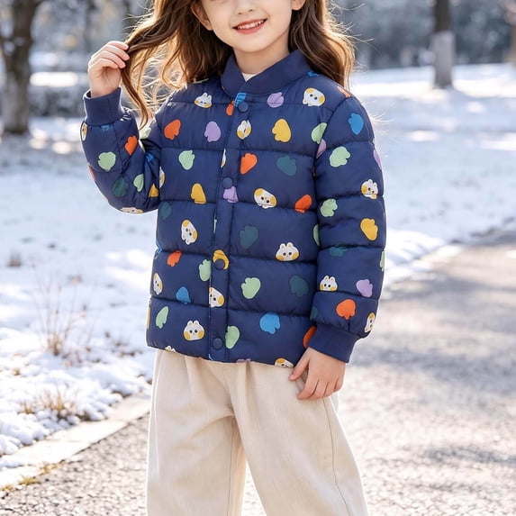 Spazoro Toddler Girls Lightweight Puffer Jackets, Cartoon Print Fall Winter Loose Short Fit Stand Collar Warm Button Down Padded Coat for Girls Navy Size 2-3 T