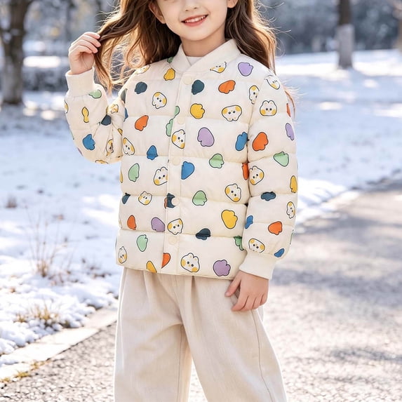 Spazoro Toddler Girls Lightweight Puffer Jackets, Loose Short Fit Cartoon Print Fall Winter Stand Collar Warm Button Down Padded Coat for Girls Beige Size 3-4 T