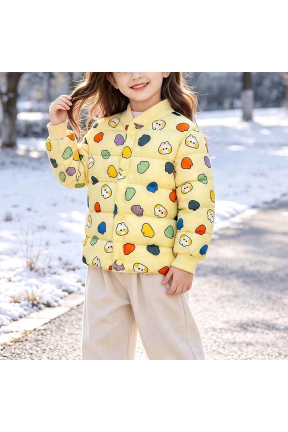 Toddler Girls Lightweight Puffer Jackets, Loose Short Fit Stand Collar Fall Winter Cartoon Print Warm Button Down Padded Coat for Girls Yellow Size 3-4 T