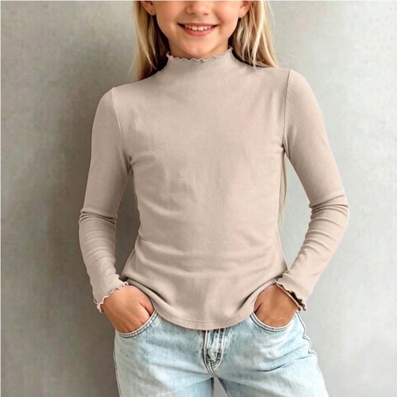 Spazoro Toddler Girls Long Sleeve Shirts, Fall High Neck Solid Color Soft & Comfy Casual Basic Tee Tops for Girls Beige Size 7-8