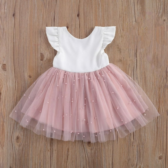 Spazoro Toddler Girls Mesh Dresses, Short Sleeve Fashion Solid Color Butterfly Round Neck Princess Dress for Child Girls Pink Size 3-4T