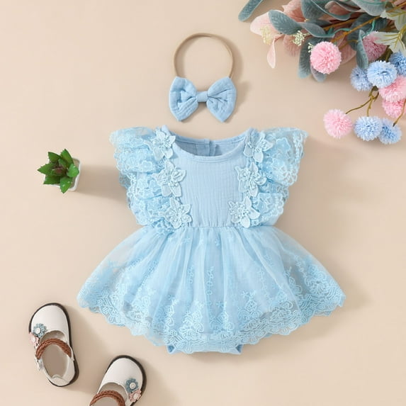 Spazoro Toddler Girls Mesh Dresses, Short Sleeve Round Neck Fashion Solid Color Butterfly Princess Dress for Child Girls Sky Blue Size 7