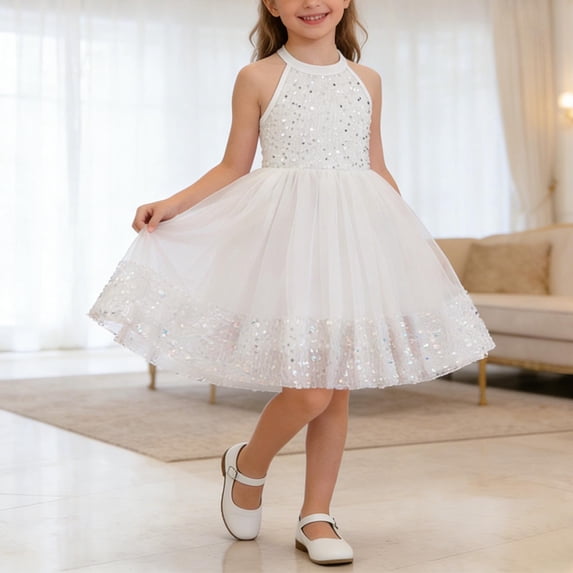 Spazoro Toddler Girls Midi Hanging Neck Dresses, A-Line Sleeveless Crew Neck Floral Print Casual Summer Dresses for Girls White Size 3-4
