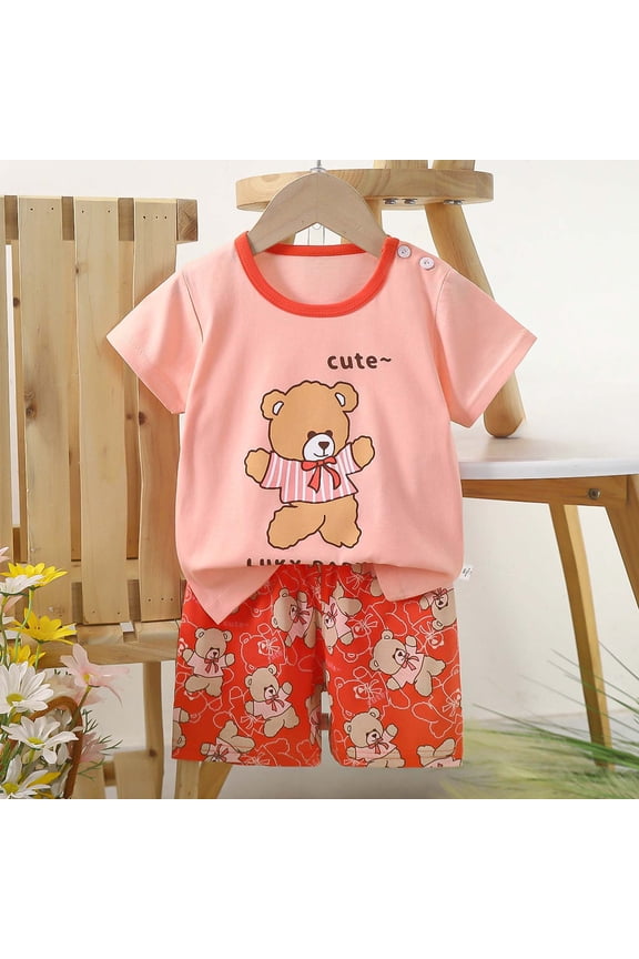 Toddler Girls Outfit Sets, 2-Piece Casual Bear Print 100% Cotton Shirts & Shorts Sets for Homewear Multicolor Size 7-8