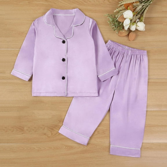 Spazoro Toddler Girls Pajamas Sets, 2 Pieces Sleepwear Satin Silk Solid Color Long Sleeve Shirts and Pants Pjs Set for Girls Purple Size 12M-8T