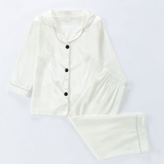 Spazoro Toddler Girls Pajamas Sets, Satin Silk Sleepwear Solid Color 2 Pieces Long Sleeve Shirts and Pants Pjs Set for Girls White Size 12M-8T