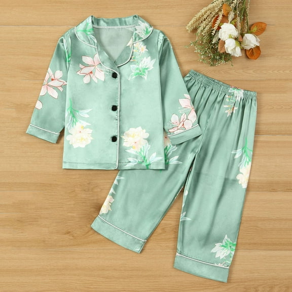 Spazoro Toddler Girls Pajamas Sets, Sleepwear Satin Silk Solid Color 2 Pieces Long Sleeve Shirts and Pants Pjs Set for Girls Green Size 12M-8T