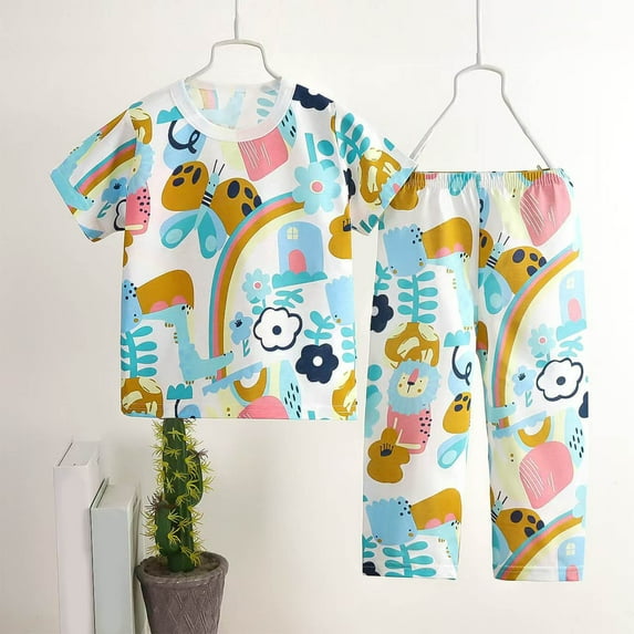 Spazoro Toddler Girls Pajamas Shirts and Pants, Crew Neck Comfortable Cute Print Casual Home Wear Short Sleeve Outfit Sets for Child Girls Boys Light Blue Size 4 T