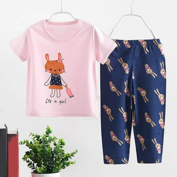 Spazoro Toddler Girls Pajamas Shirts and Pants, Short Sleeve Crew Neck Cute Print Casual Home Wear Comfortable Outfit Sets for Child Girls Boys Pink Size 4 T