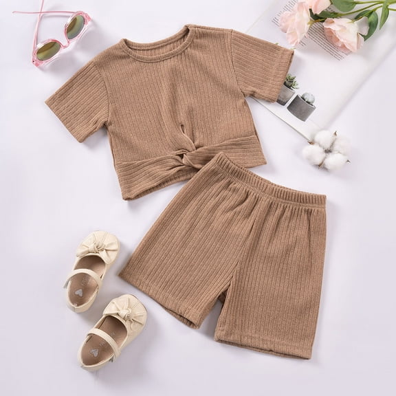 Spazoro Toddler Girls Pajamas Shirts and Shorts, Casual Home Wear Crew Neck Comfortable Short Sleeve Solid Color Outfit Sets for Child Girls Boys Khaki Size 2-3 T