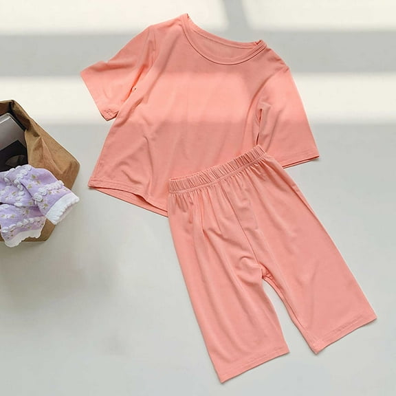 Spazoro Toddler Girls Pajamas Shirts and Shorts, Comfortable Solid Color Short Sleeve Casual Home Wear Crew Neck Outfit Sets for Child Girls Boys Orange Size 2 T