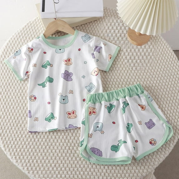Spazoro Toddler Girls Pajamas Shirts and Shorts, Short Sleeve Comfortable Cute Print Crew Neck Casual Home Wear Outfit Sets for Child Girls Boys Green Size 0 T
