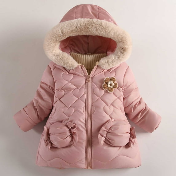 Spazoro Toddler Girls Parka Jackets, Faux Fur Hood Windproof Full-Zip Fleece Padded Winter Coat for Kids Pink Size 3 T